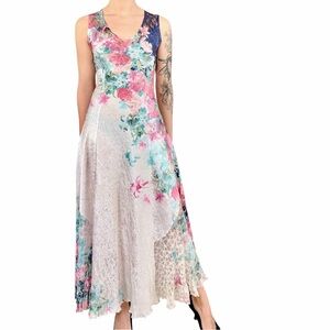 Komarov Floral Lace Maxi Dress Crinkle Satin Corset Back Cottagecore Romantic SM